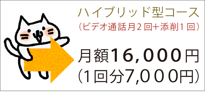 「ハイブリッド型（ビデオ通話月2回＋添削1回）コース」→月額16000円（1回分7000円）